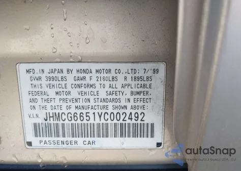 2000 Honda Accord 2.3 Lx из США, поврежденный, VIN JHMCG6651YC002492